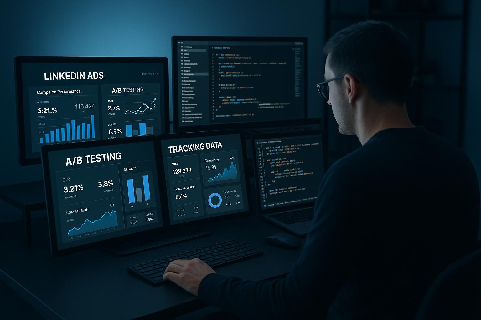 Moderner Arbeitsplatz mit Computern, die LinkedIn-Werbedaten und A/B-Testing-Analysen anzeigen, bei einem Marketer, der Code und Performance-Daten überprüft