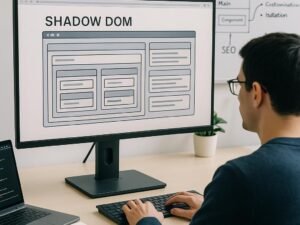 Entwickler arbeitet an einem großen Bildschirm mit komplexen Shadow DOM-Strukturen, umgeben von Laptops, Notizbüchern und einem Whiteboard mit Diagrammen zu Shadow DOM und SEO.