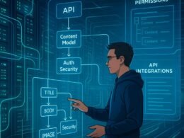 Futuristischer Serverraum mit leuchtenden blauen und grünen Lichtern, Entwickler interagiert mit transparentem Touchscreen und holographischen Projektionsflächen, die Content-Modelle und API-Integrationen zeigen.