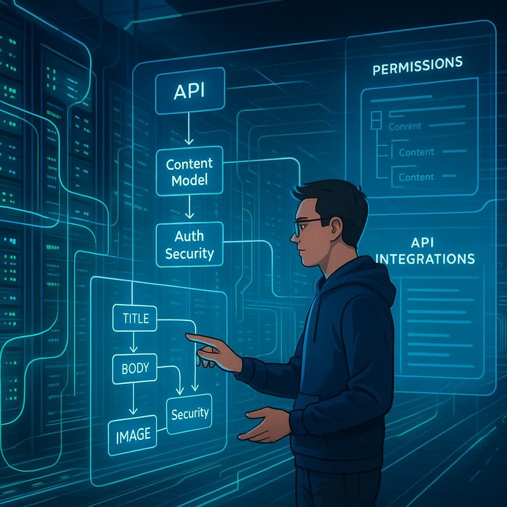 Futuristischer Serverraum mit leuchtenden blauen und grünen Lichtern, Entwickler interagiert mit transparentem Touchscreen und holographischen Projektionsflächen, die Content-Modelle und API-Integrationen zeigen.