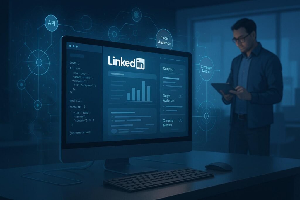 Moderner digitaler Arbeitsplatz mit einem großen Bildschirm, der LinkedIn-Interface, API-Code und Datenvisualisierungen anzeigt, um Kampagnen zu optimieren, von Tobias Hager für 404 Magazine.