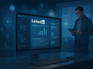 Moderner digitaler Arbeitsplatz mit einem großen Bildschirm, der LinkedIn-Interface, API-Code und Datenvisualisierungen anzeigt, um Kampagnen zu optimieren, von Tobias Hager für 404 Magazine.