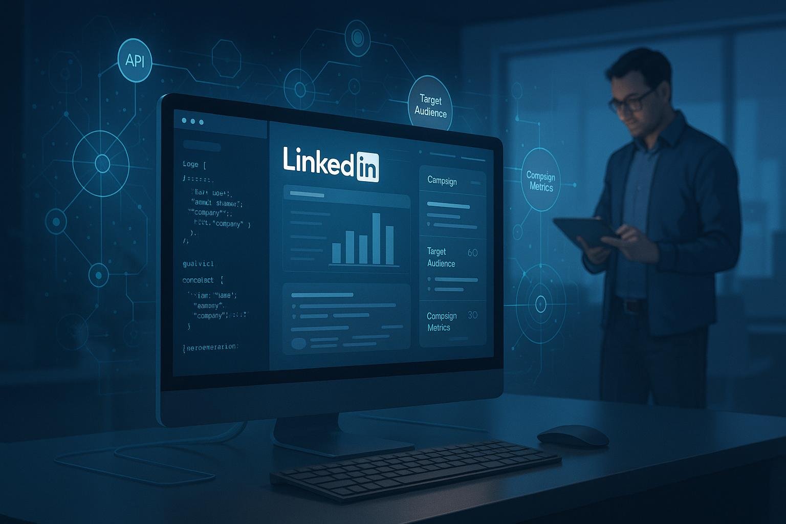 Moderner digitaler Arbeitsplatz mit einem großen Bildschirm, der LinkedIn-Interface, API-Code und Datenvisualisierungen anzeigt, um Kampagnen zu optimieren, von Tobias Hager für 404 Magazine.