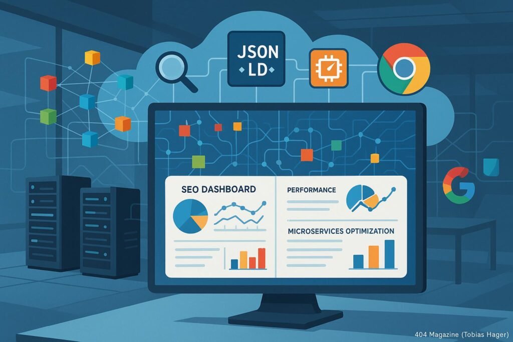 Moderner Arbeitsplatz mit Servern, Computerbildschirm und Icons für SEO-Technologien in einer Cloud-Umgebung