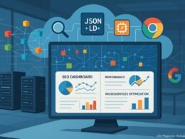 Moderner Arbeitsplatz mit Servern, Computerbildschirm und Icons für SEO-Technologien in einer Cloud-Umgebung