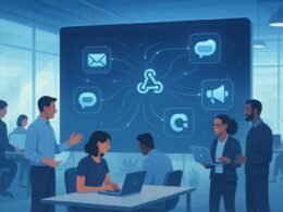 Modernes Büro mit unterschiedlichen Fachleuten, die an digital vernetzten Marketing-Tools und Webhook-Automatisierung arbeiten, symbolisiert durch leuchtende Knoten und Netzwerklinien.