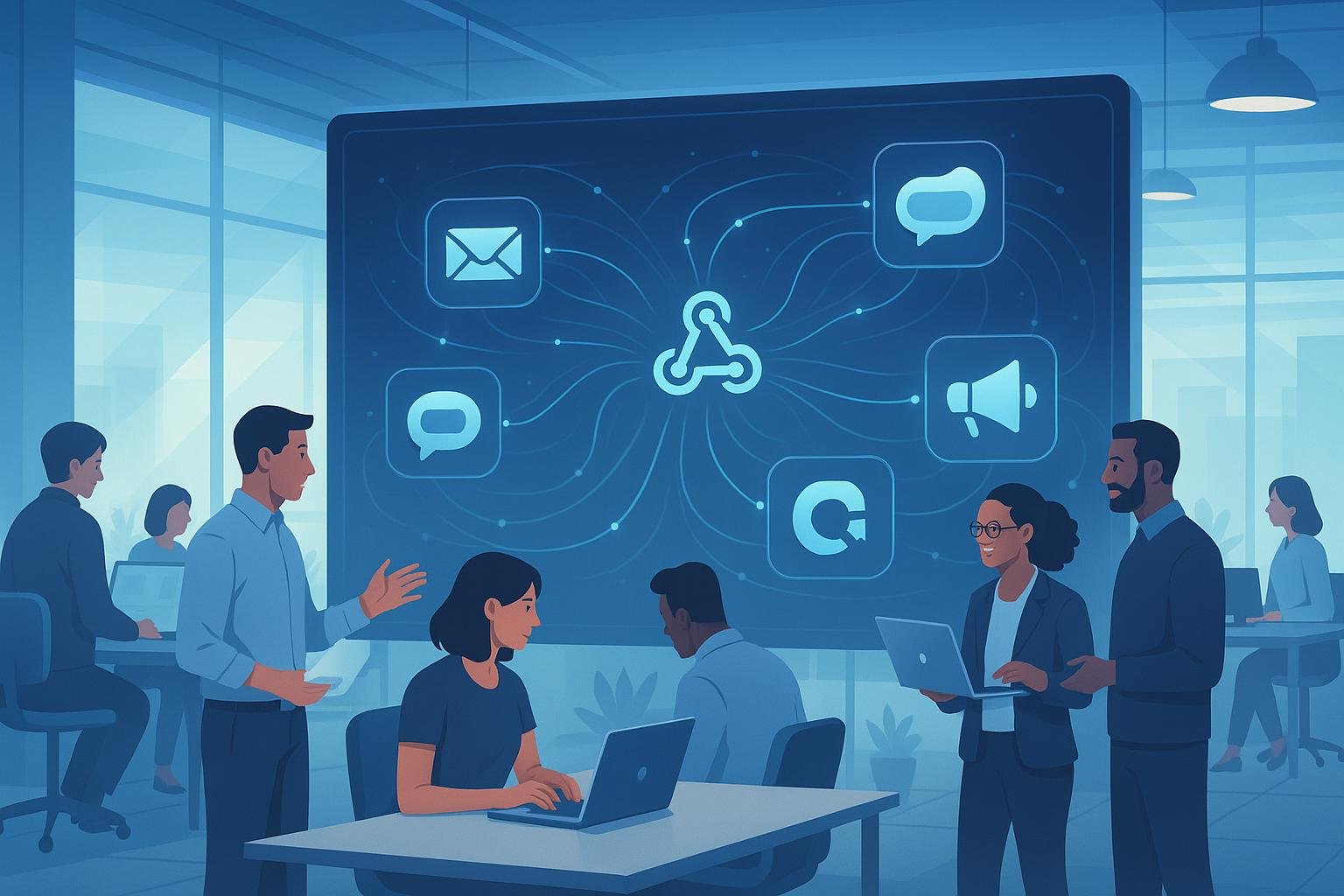 Modernes Büro mit unterschiedlichen Fachleuten, die an digital vernetzten Marketing-Tools und Webhook-Automatisierung arbeiten, symbolisiert durch leuchtende Knoten und Netzwerklinien.