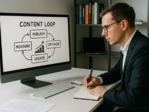 Modernes Büro mit großem Bildschirm, auf dem eine Diagrammskizze eines Content-Loop-Systems zu sehen ist, mit Notizen, Tastatur, Maus und technischen Büchern im Hintergrund