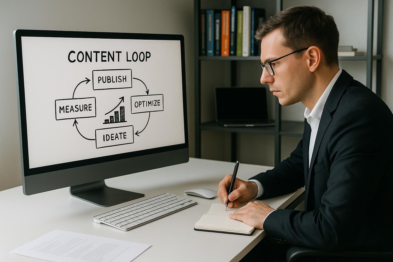 Modernes Büro mit großem Bildschirm, auf dem eine Diagrammskizze eines Content-Loop-Systems zu sehen ist, mit Notizen, Tastatur, Maus und technischen Büchern im Hintergrund
