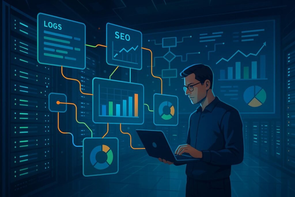 Futuristisches Datenzentrum mit leuchtenden Server-Racks, schwebenden digitalen Log-Analysetools, Entwickler mit Laptop und interaktiven Dashboards im Hintergrund