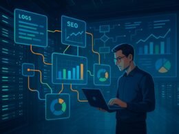 Futuristisches Datenzentrum mit leuchtenden Server-Racks, schwebenden digitalen Log-Analysetools, Entwickler mit Laptop und interaktiven Dashboards im Hintergrund