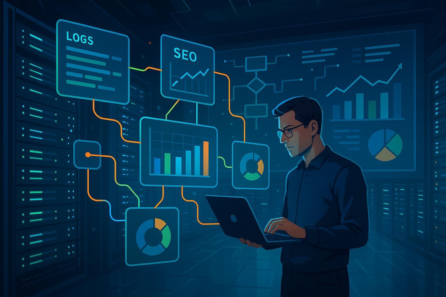 Futuristisches Datenzentrum mit leuchtenden Server-Racks, schwebenden digitalen Log-Analysetools, Entwickler mit Laptop und interaktiven Dashboards im Hintergrund