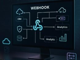 Moderner digitaler Arbeitsplatz mit großem Touchscreen, der einen komplexen Flowchart von Webhooks zwischen Marketing-Tools zeigt, umgeben von Icons für Cloud-Server, Sicherheitsdiagramme und Datenpipelines.
