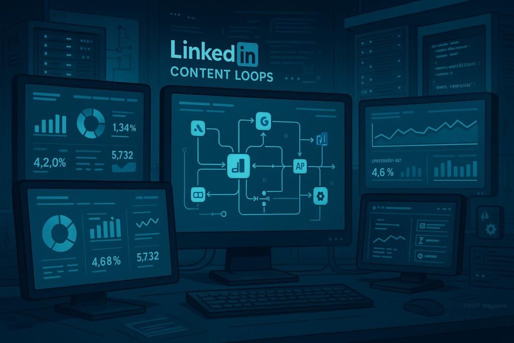 Technisches Bild mit Monitoren, Datenvisualisierungen, Servern und Codezeilen, das die komplexen LinkedIn-Content-Loops für E-Commerce-Performance zeigt, Credit: 404 Magazine (Tobias Hager).