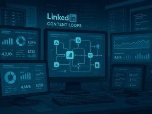 Technisches Bild mit Monitoren, Datenvisualisierungen, Servern und Codezeilen, das die komplexen LinkedIn-Content-Loops für E-Commerce-Performance zeigt, Credit: 404 Magazine (Tobias Hager).
