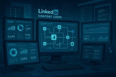 Technisches Bild mit Monitoren, Datenvisualisierungen, Servern und Codezeilen, das die komplexen LinkedIn-Content-Loops für E-Commerce-Performance zeigt, Credit: 404 Magazine (Tobias Hager).