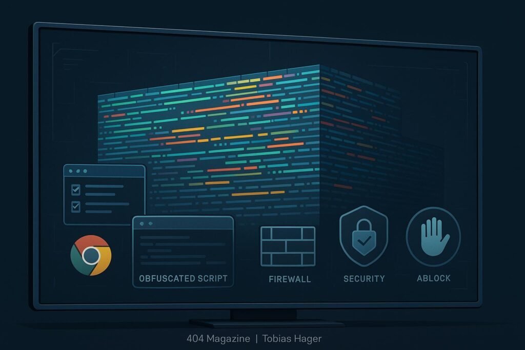 Digitale Mauer aus Code und technischen Symbolen als Schutz gegen Web-Tracking, mit Browser-Icons und Sicherheits-Elementen im futuristischen Interface-Design.