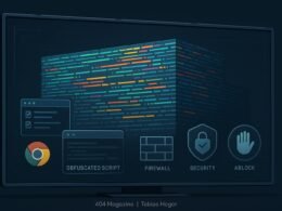 Digitale Mauer aus Code und technischen Symbolen als Schutz gegen Web-Tracking, mit Browser-Icons und Sicherheits-Elementen im futuristischen Interface-Design.