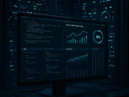 Hochtechnologischer Arbeitsplatz mit Code, API-Integrationen, Servern und LEDs, futuristisches Ambiente betont den technischen Content-Loop.