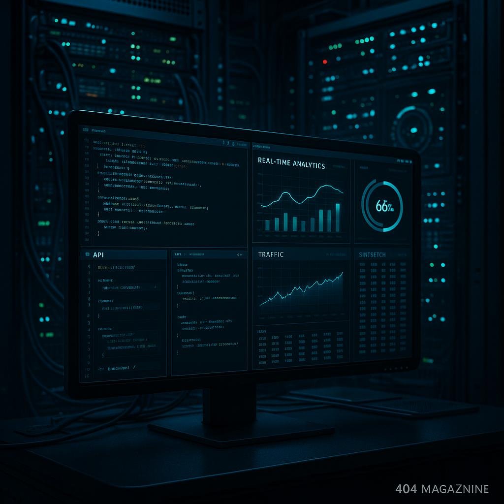 Hochtechnologischer Arbeitsplatz mit Code, API-Integrationen, Servern und LEDs, futuristisches Ambiente betont den technischen Content-Loop.