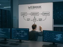 Entwickler vor Whiteboard mit Webhook-Diagramm, im Hintergrund Server-Racks und Netzwerkstrukturen, symbolisieren moderne Systemintegration.