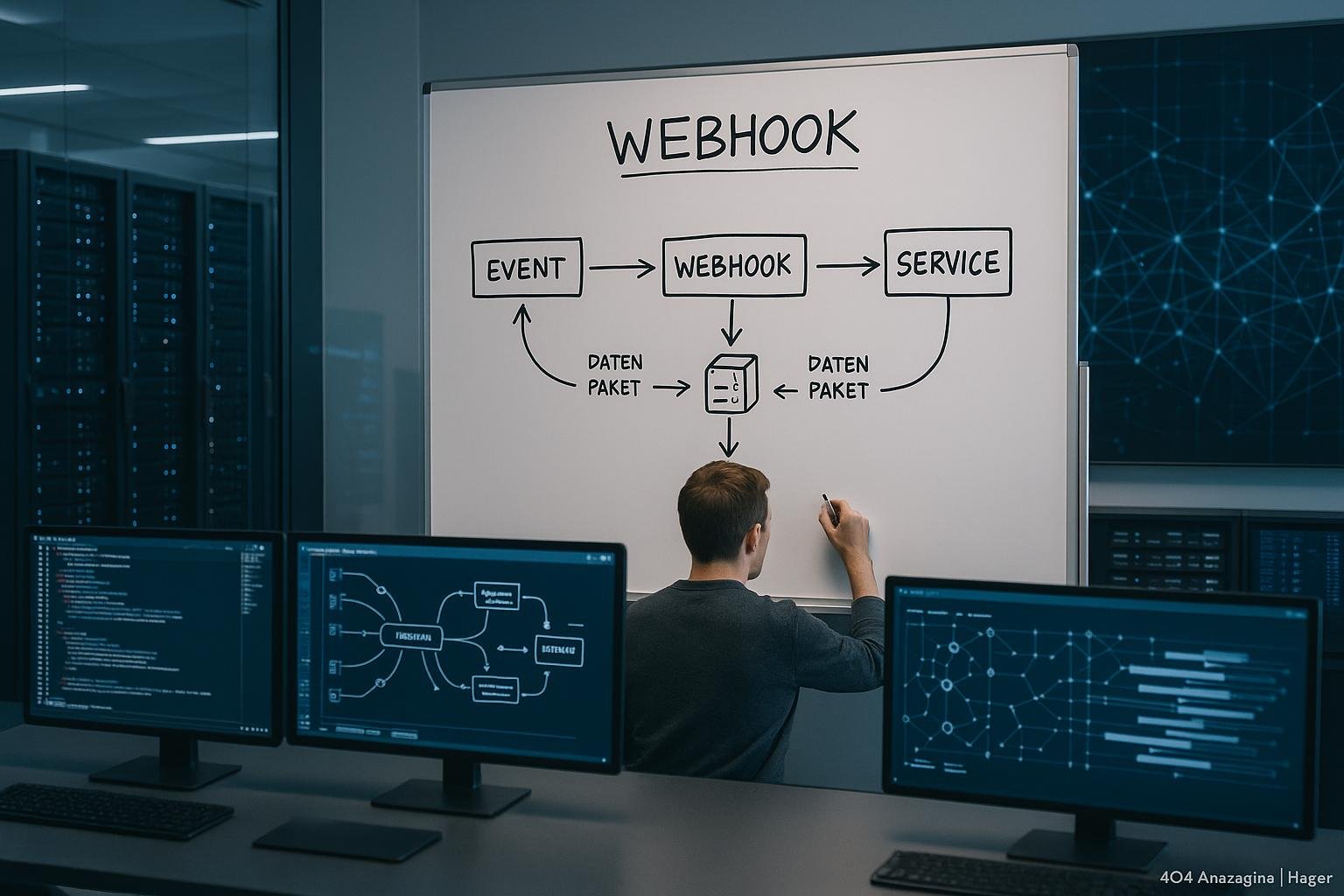 Entwickler vor Whiteboard mit Webhook-Diagramm, im Hintergrund Server-Racks und Netzwerkstrukturen, symbolisieren moderne Systemintegration.