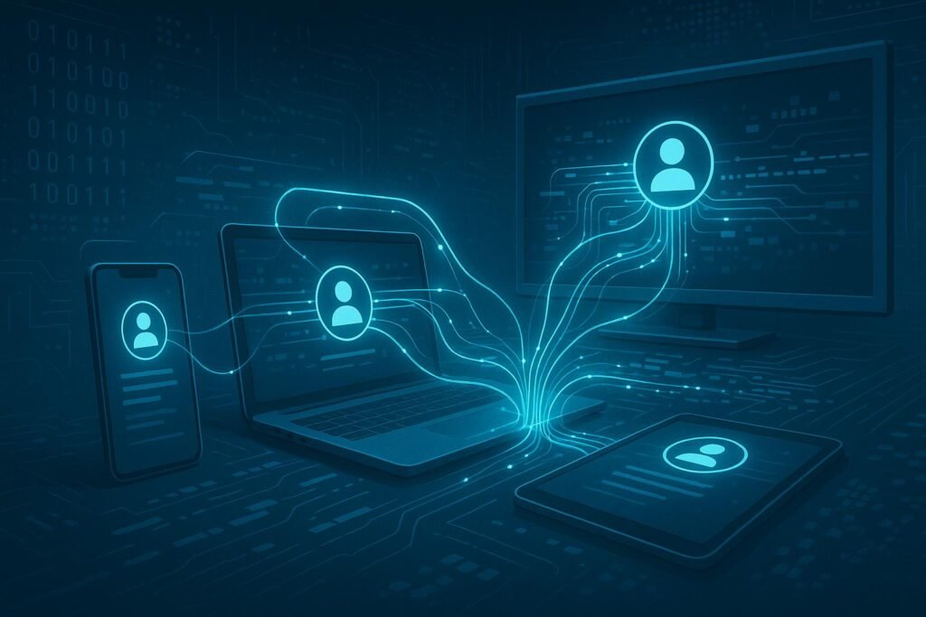 Geräte im Raum verbunden durch ein leuchtendes Netzwerk, das geräteübergreifendes User ID Tracking visualisiert, mit schematischen Datenströmen und futuristischem Hintergrund.
