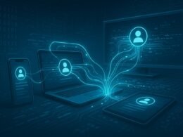 Geräte im Raum verbunden durch ein leuchtendes Netzwerk, das geräteübergreifendes User ID Tracking visualisiert, mit schematischen Datenströmen und futuristischem Hintergrund.