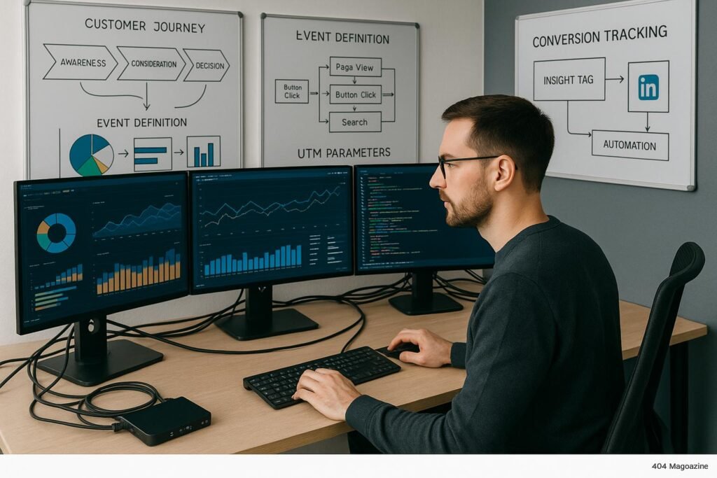 Marketing-Experte am Arbeitsplatz mit Monitoren, Whiteboards und technischen Geräten zur Analyse des Conversion-Trackings für LinkedIn, Credit: 404 Magazine (Tobias Hager)