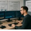 Marketing-Experte am Arbeitsplatz mit Monitoren, Whiteboards und technischen Geräten zur Analyse des Conversion-Trackings für LinkedIn, Credit: 404 Magazine (Tobias Hager)