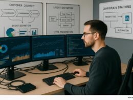 Marketing-Experte am Arbeitsplatz mit Monitoren, Whiteboards und technischen Geräten zur Analyse des Conversion-Trackings für LinkedIn, Credit: 404 Magazine (Tobias Hager)
