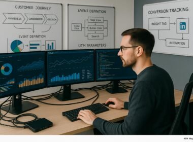 Marketing-Experte am Arbeitsplatz mit Monitoren, Whiteboards und technischen Geräten zur Analyse des Conversion-Trackings für LinkedIn, Credit: 404 Magazine (Tobias Hager)