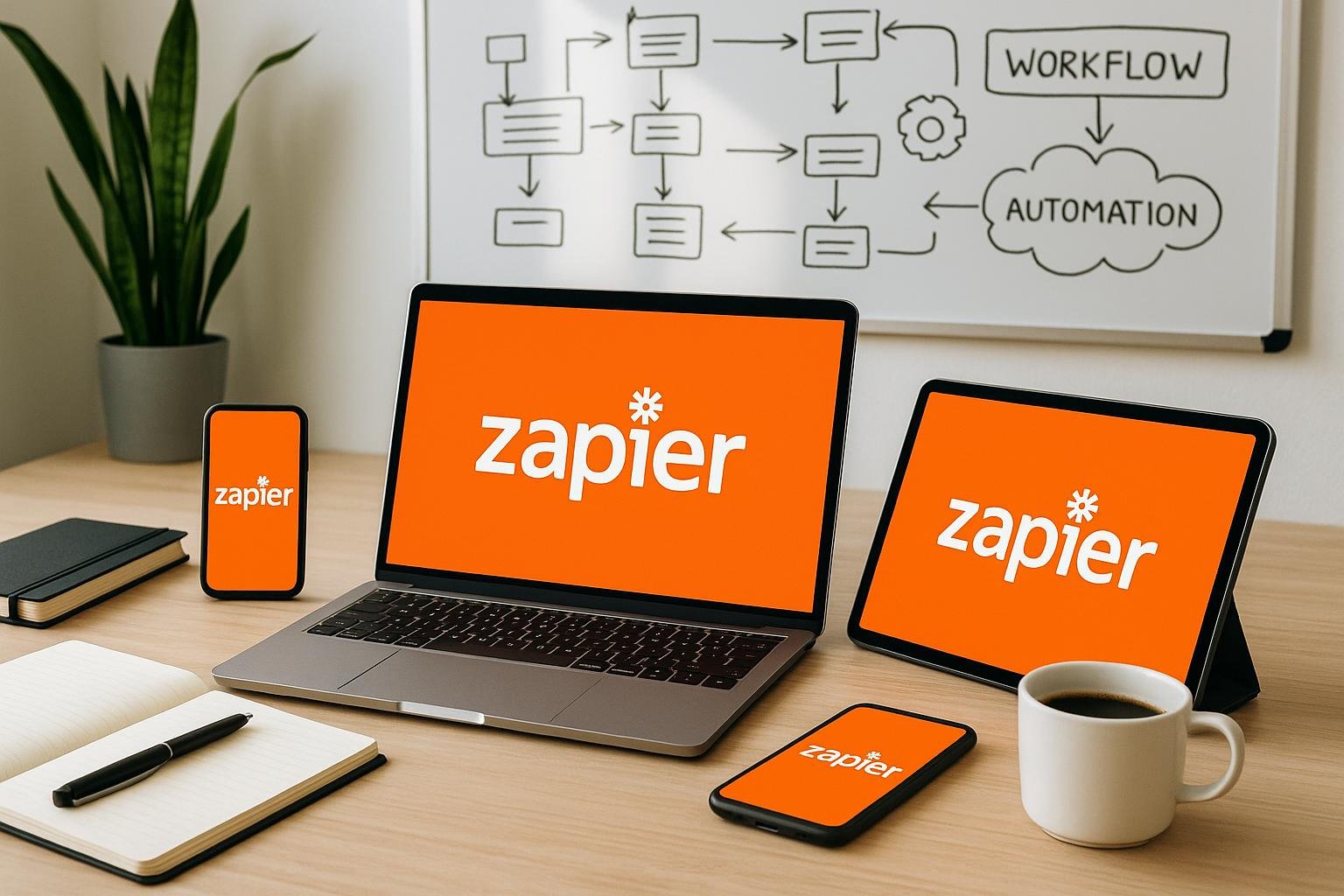 Modernes Büro mit Laptop, Tablet und Smartphone, die Zapier auf ihren Bildschirmen zeigen, mit Whiteboard im Hintergrund und Arbeitsmaterialien auf dem Schreibtisch.