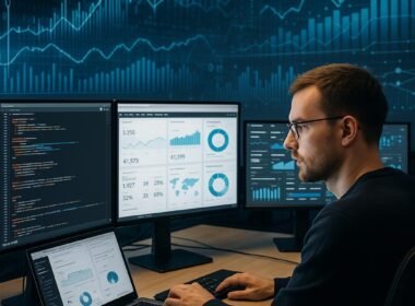 Ein technischer Experte arbeitet in einem modernen Büro mit mehreren Monitoren, die Code, Dashboards und Analytics-Tools anzeigen, im Hintergrund digitale Datenströme und Diagramme.
