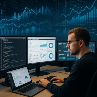 Ein technischer Experte arbeitet in einem modernen Büro mit mehreren Monitoren, die Code, Dashboards und Analytics-Tools anzeigen, im Hintergrund digitale Datenströme und Diagramme.