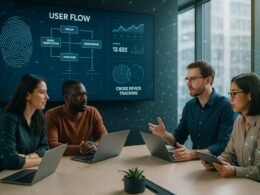 Modernes Büro mit Digitalbildschirm, Teamarbeit und holographischen Datenüberlagerungen