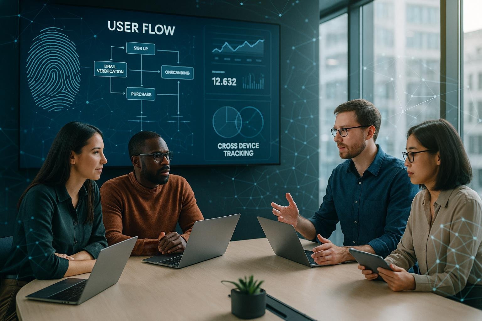 Modernes Büro mit Digitalbildschirm, Teamarbeit und holographischen Datenüberlagerungen