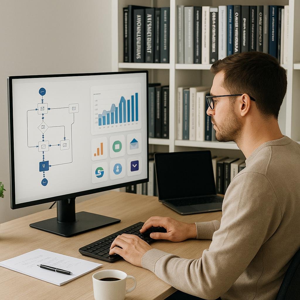 Modernes Arbeitszimmer mit Digital Marketer, der auf einem großen Bildschirm mit Automatisierungsvisualisierungen arbeitet, im Hintergrund Bücherregale und minimalistische Einrichtung.