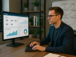 B2B-Marketer arbeitet an modernem Schreibtisch mit großem Computermonitor, der LinkedIn-Analysen und Charts zeigt, umgeben von Whiteboard mit Strategien, Büchern und Pflanzen