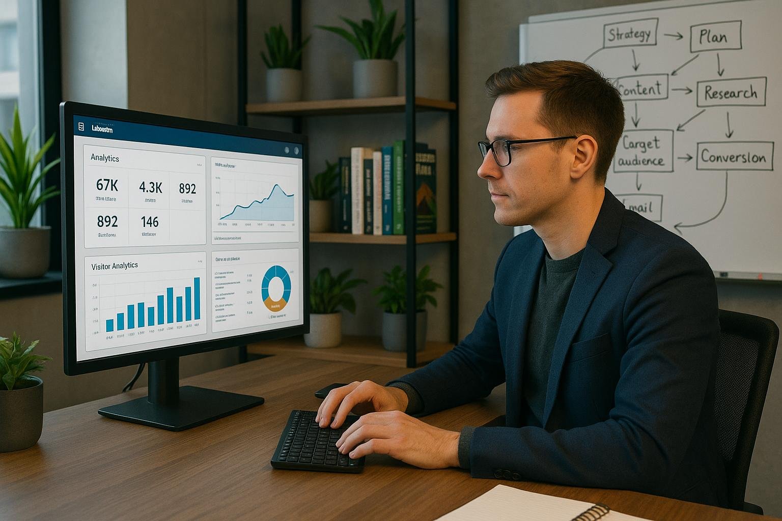 B2B-Marketer arbeitet an modernem Schreibtisch mit großem Computermonitor, der LinkedIn-Analysen und Charts zeigt, umgeben von Whiteboard mit Strategien, Büchern und Pflanzen