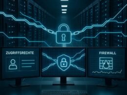 Moderner Serverraum mit leuchtenden Bildschirmen, verschlüsselten Netzwerkleitungen und Firewalls, zeigt technologische Sicherheitsmaßnahmen.