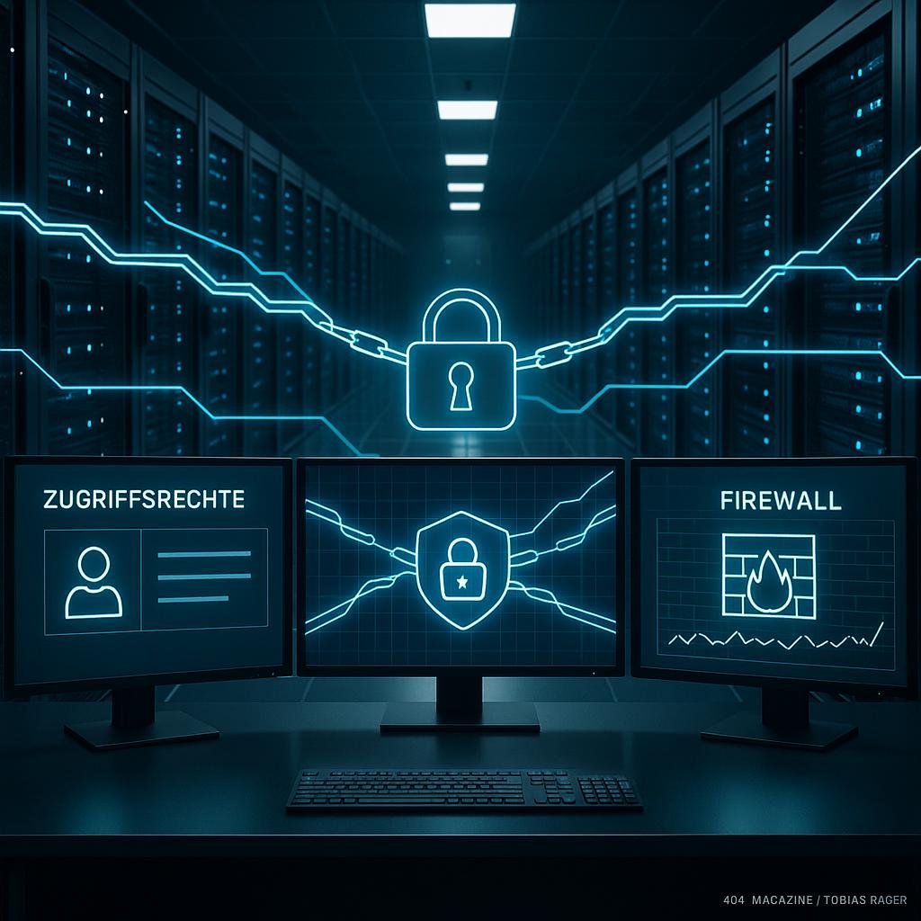 Moderner Serverraum mit leuchtenden Bildschirmen, verschlüsselten Netzwerkleitungen und Firewalls, zeigt technologische Sicherheitsmaßnahmen.