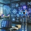 Futuristisches Arbeitszimmer mit humanoidem Roboter, holografischen neuronalen Netzen, Datenvisualisierungen und strategischen Notizen, symbolisiert die komplexe Welt der KI im Marketing.