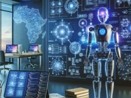 Futuristisches Arbeitszimmer mit humanoidem Roboter, holografischen neuronalen Netzen, Datenvisualisierungen und strategischen Notizen, symbolisiert die komplexe Welt der KI im Marketing.