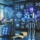 Futuristisches Arbeitszimmer mit humanoidem Roboter, holografischen neuronalen Netzen, Datenvisualisierungen und strategischen Notizen, symbolisiert die komplexe Welt der KI im Marketing.