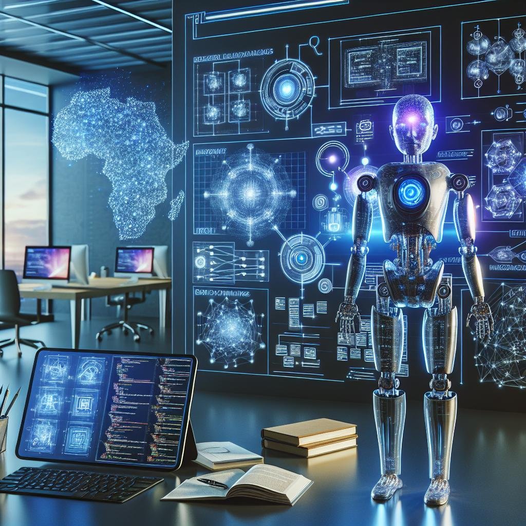 Futuristisches Arbeitszimmer mit humanoidem Roboter, holografischen neuronalen Netzen, Datenvisualisierungen und strategischen Notizen, symbolisiert die komplexe Welt der KI im Marketing.
