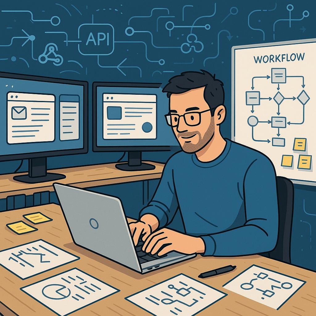 Motivierter IT-Experte arbeitet an einem Laptop in einem modernen, organisierten Arbeitsbereich mit mehreren Monitoren, Notizen und Whiteboard mit Workflow-Diagrammen. Hintergrund mit stilisierten Linien und Icons für Automatisierungsprozesse.