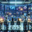 Modernes Marketing-Controllzentrum mit Hochtechnologie, Datenvisualisierungen und einem diverse Team bei der Analyse von Echtzeitdaten, unterstützt durch KI und maschinelles Lernen.