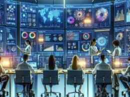 Modernes Marketing-Controllzentrum mit Hochtechnologie, Datenvisualisierungen und einem diverse Team bei der Analyse von Echtzeitdaten, unterstützt durch KI und maschinelles Lernen.