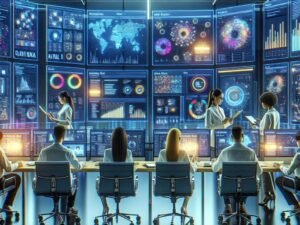 Modernes Marketing-Controllzentrum mit Hochtechnologie, Datenvisualisierungen und einem diverse Team bei der Analyse von Echtzeitdaten, unterstützt durch KI und maschinelles Lernen.